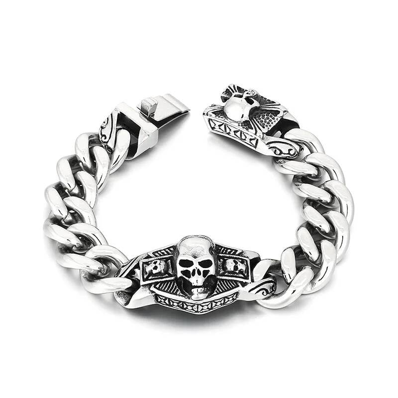 16mm Cuban Chain With Skull Charm Bracelet For Men 316L Stainless Steel Punk Jewelry Steel Color 21cm
