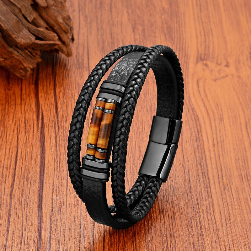 Trend Natural Stone Beads Bracelets Bohemia Jewelry Vintage Multilayer Leather Chain Friendship Bangles Boyfriend Gifts Tiger Eye Stone