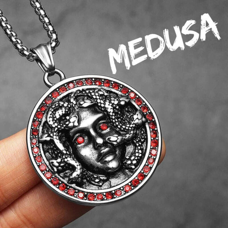 316L Stainless Steel Medusa Pendant Necklace with Red Gemstone Eyes – Greek Mythology Jewelry N1517-60cm chain