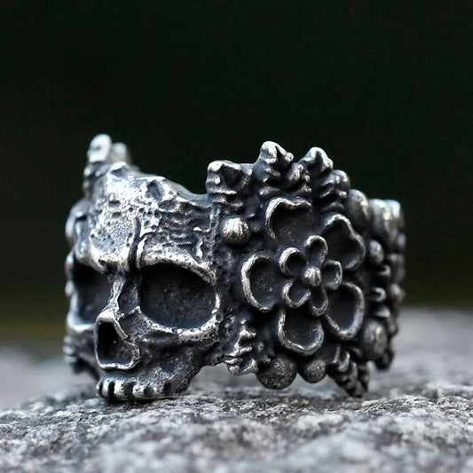 Santa Muerte Mandala Skull Ring - Heavy Stainless Steel Gothic Biker Jewelry