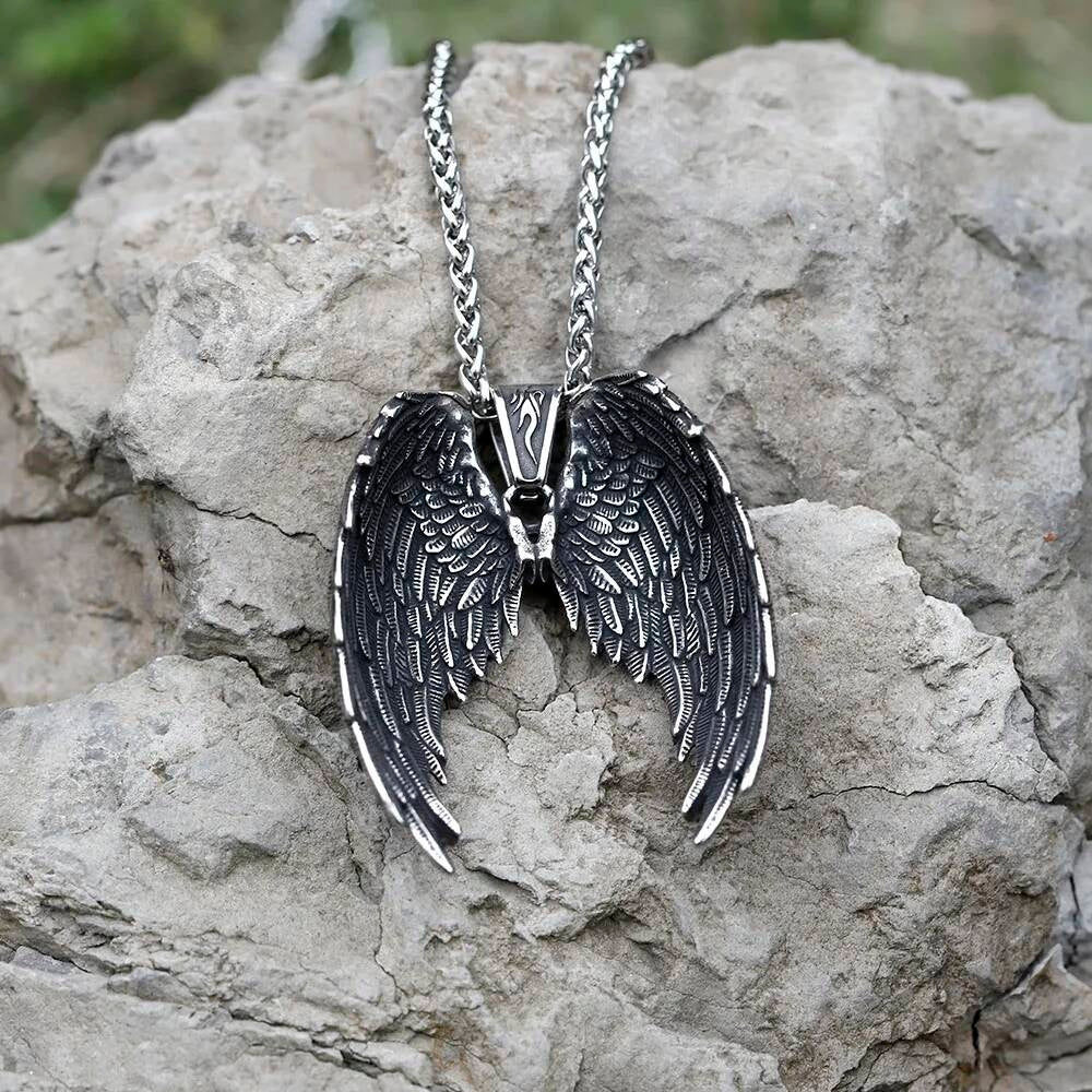 Angel Wings Pendant Necklace, Silver Gothic Jewelry with Detailed Wing Design