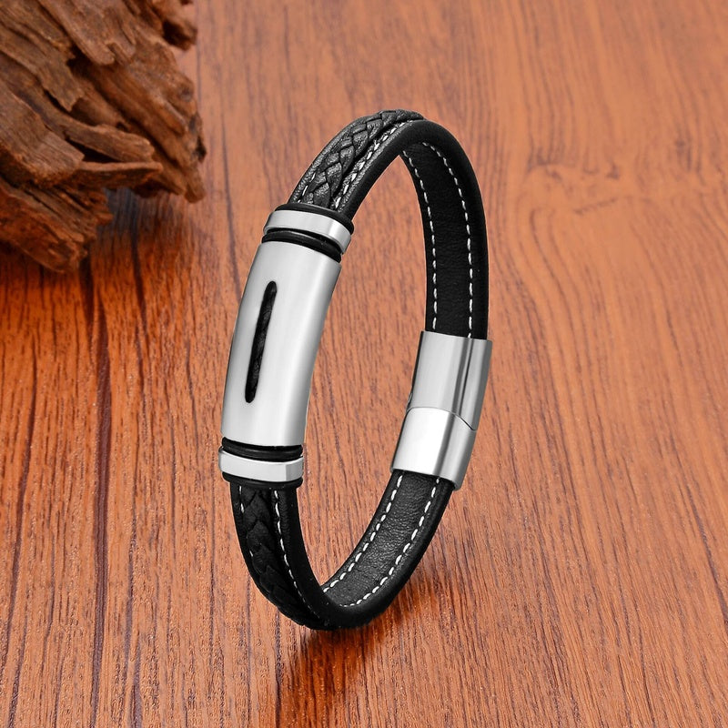 Personality Geometric Stainless Steel Bracelets Jewellry Black Weave Leather Chain Bangles for Man Women Friendship Gifts White
