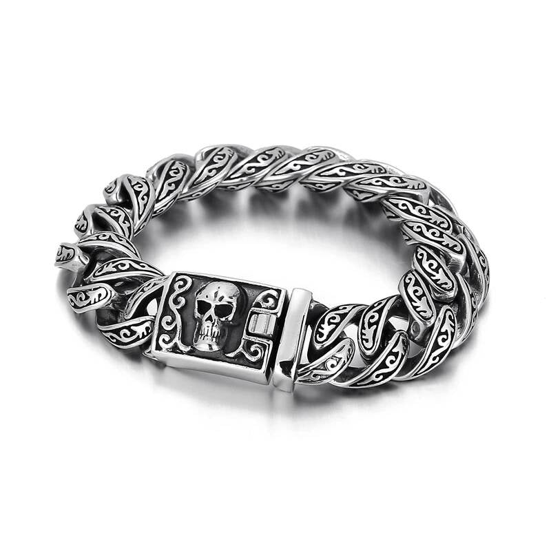 Engraved Name Vintage Cuban Curb Bracelet Men With Ghost Head Easy Hook 316L Stainless Steel Steel Color