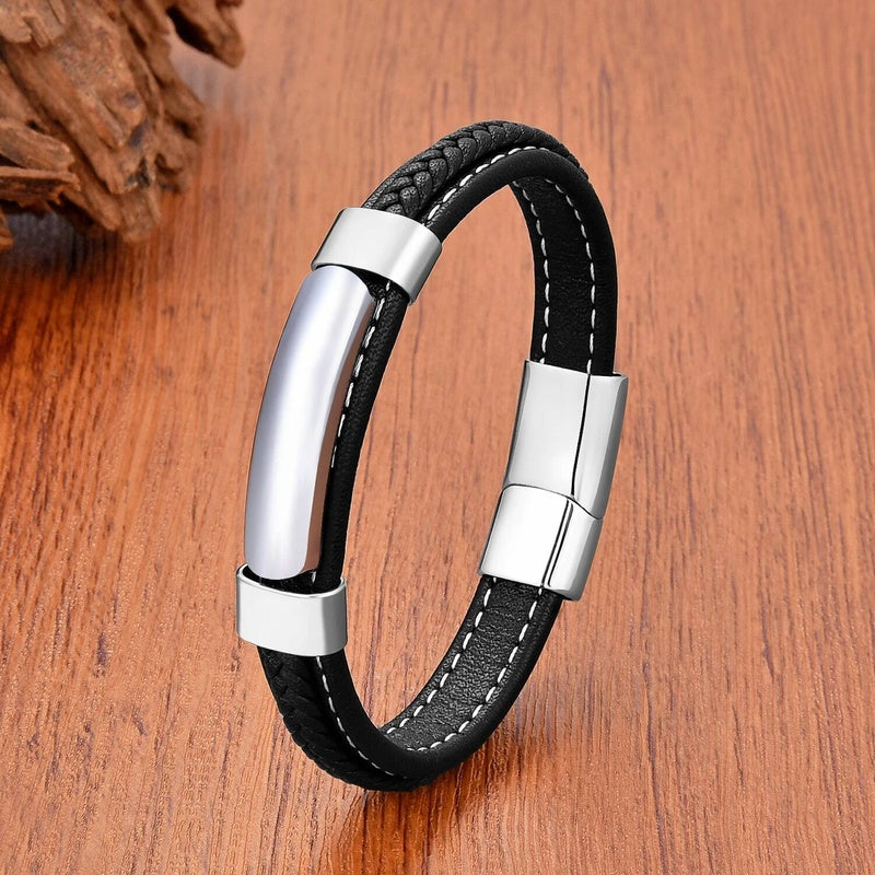 Fashion Geometric Shape Onyx Stone Bracelets Ladies Black Multilayer Leather Rope Men Bracelet Stainless Steel Jewelry Wholesale White-A