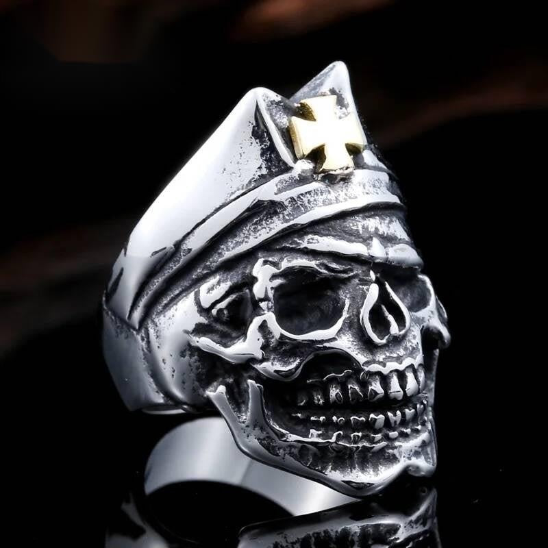 Gothic Skull Ring – Stainless Steel Military Helmet with Gold Cross