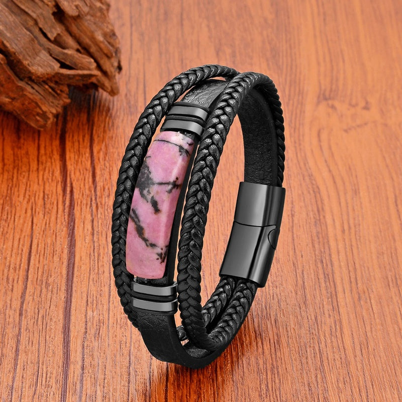 Black Braided Leather Bracelet with Green Jade Beads - Stylish Multi-Layer Magnetic Clasp Jewelry for Casual Wear and Gifts Style J