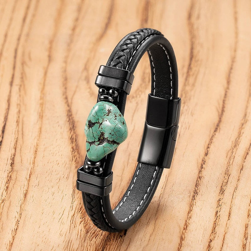 Black Braided Leather Bracelet with Green Jade Beads - Stylish Multi-Layer Magnetic Clasp Jewelry for Casual Wear and Gifts Style-A