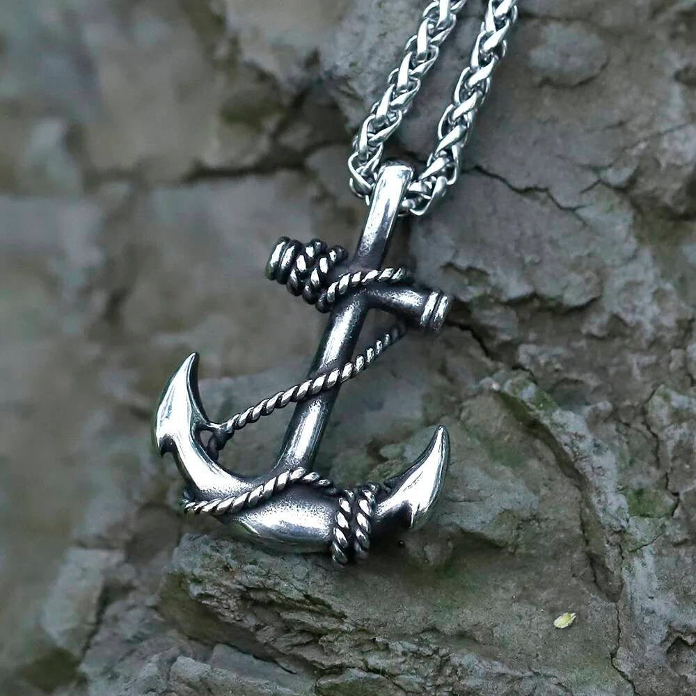 Nautical Anchor Pendant Necklace - Stainless Steel Rope-Wrapped Anchor Charm for Men