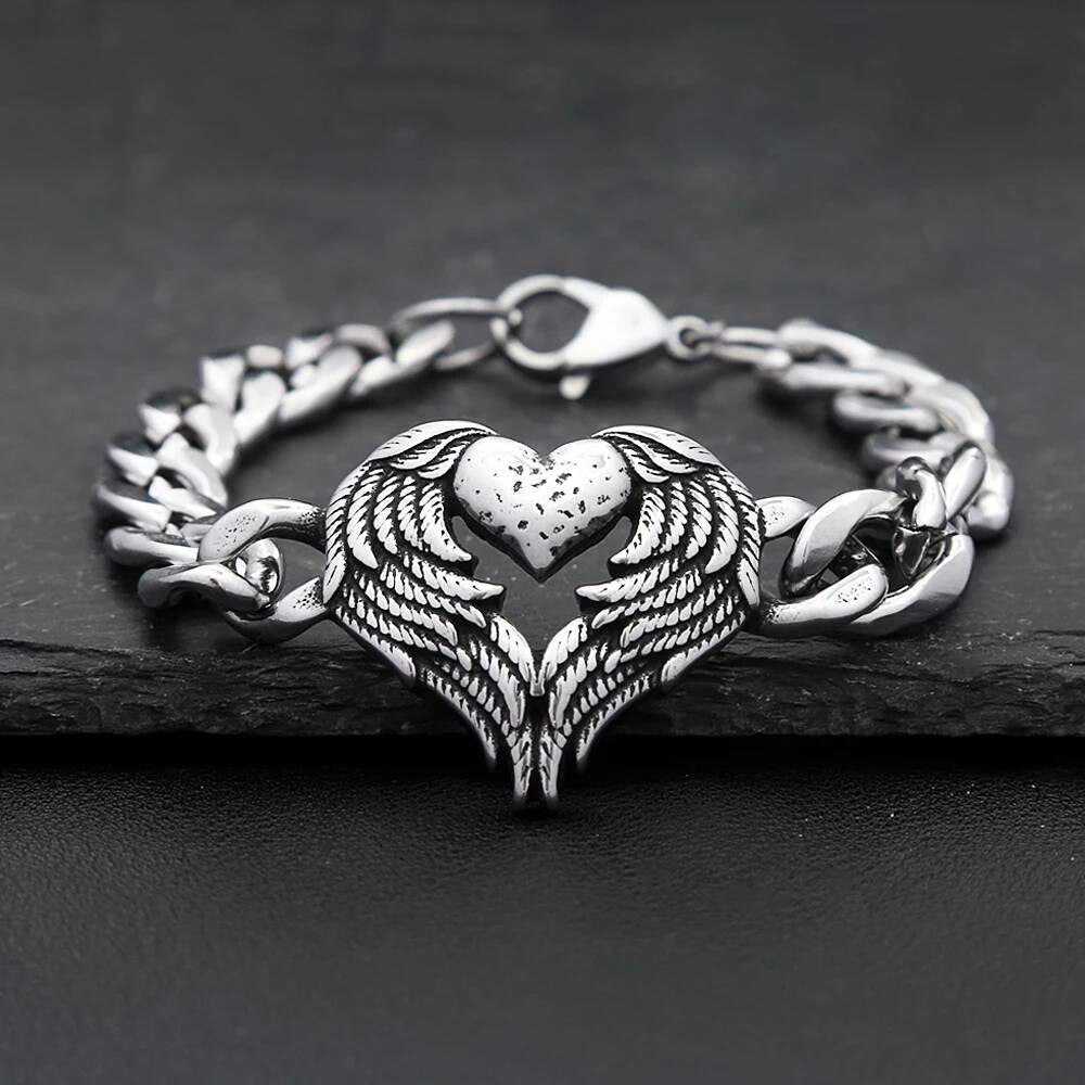 Angel Wing Heart Bracelet – 316L Stainless Steel Chain Link Bracelet with Gothic Winged Heart Pendant for Men & Women