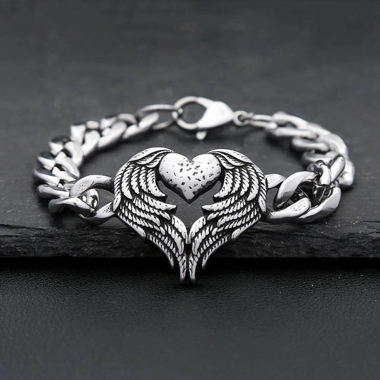 Angel Wing Heart Bracelet – 316L Stainless Steel Chain Link Bracelet with Gothic Winged Heart Pendant for Men & Women