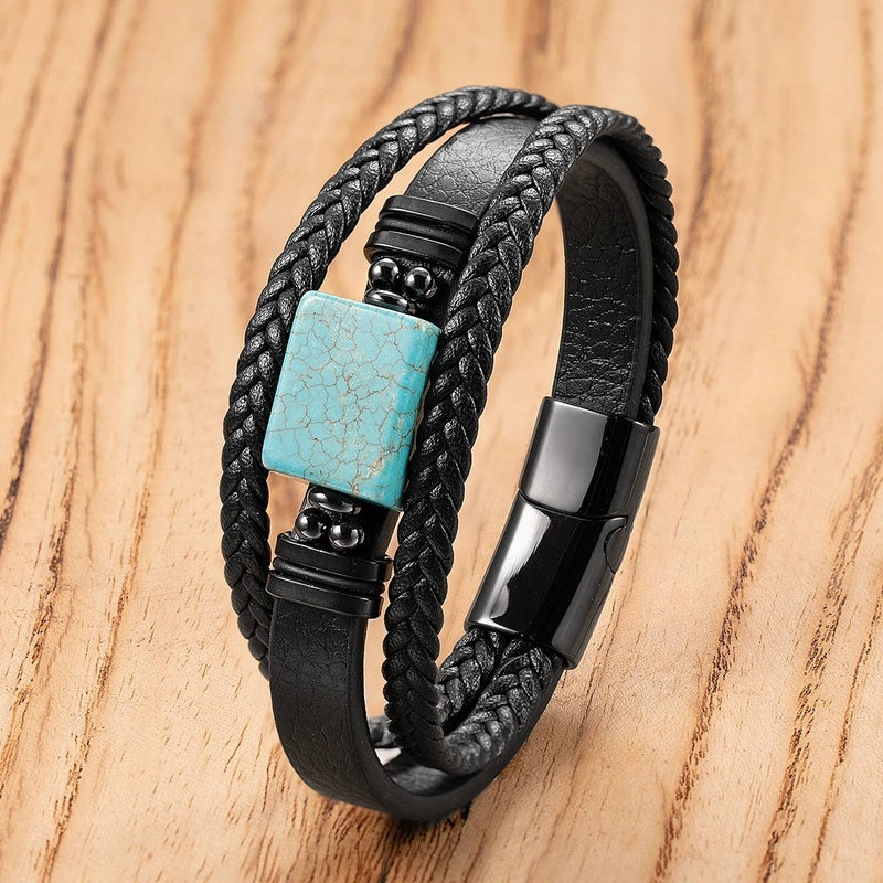 Black Braided Leather Bracelet with Green Jade Beads - Stylish Multi-Layer Magnetic Clasp Jewelry for Casual Wear and Gifts Style-F