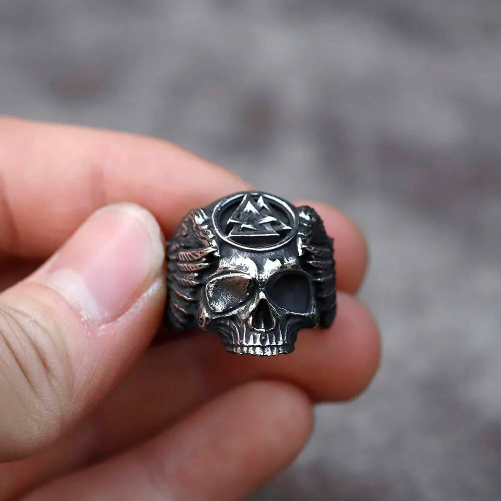 Skull & Valknut Amulet Ring – 316L Stainless Steel Gothic Viking Punk Jewelry