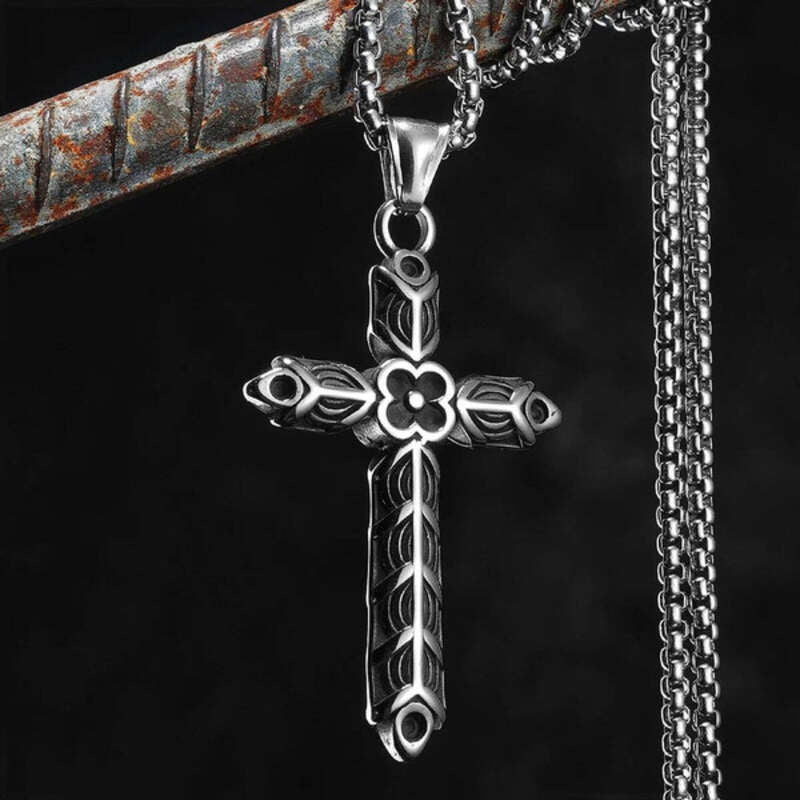 316L Stainless Steel Flower Cross Pendant Necklace for Men