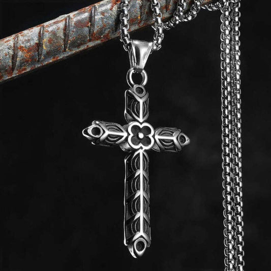 316L Stainless Steel Flower Cross Pendant Necklace for Men