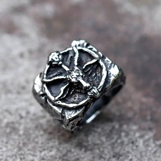 Skull and Ram Horn Ring - Gothic Stainless Steel Men's Biker Jewelry