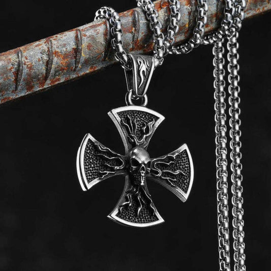 316L Stainless Steel Iron Cross Skull Pendant Necklace