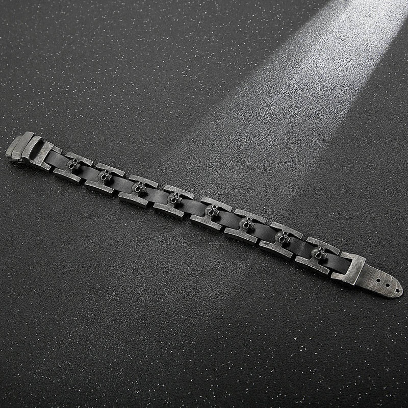 Mens Stainless Steel 316L Skull Link Chain Bracelet With Real Black Cowhide Leather