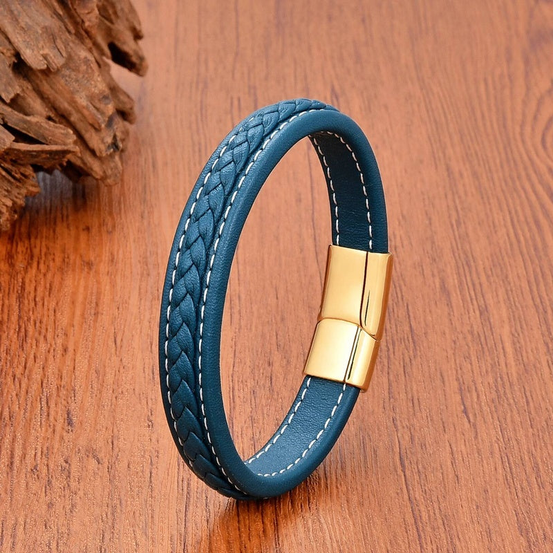 Vintage Men Europe and America Stainless Steel Magnet Open Bangle Multi-Size Woven Leather Hand Rope Classic Party Gift Present Style F-Gold