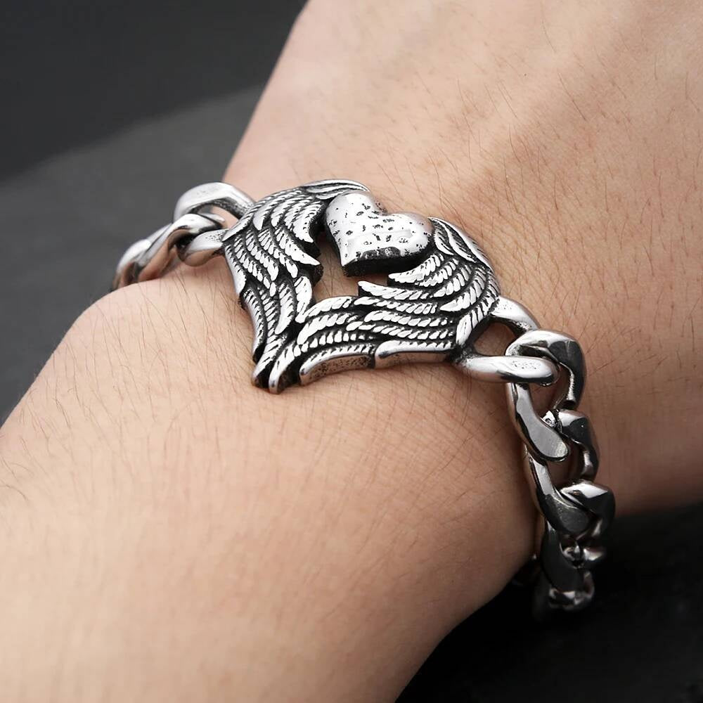 Angel Wing Heart Bracelet – 316L Stainless Steel Chain Link Bracelet with Gothic Winged Heart Pendant for Men & Women