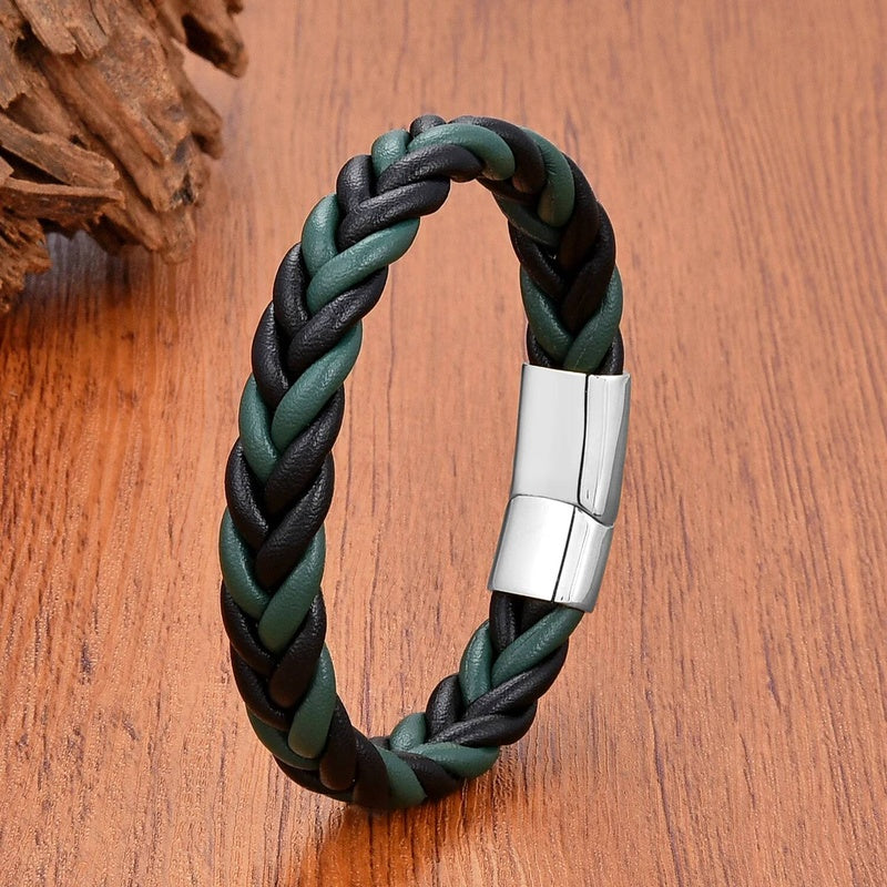 Retro Punk Style Men Gift Jewelry Braided Leather Rope Bracelets Stainless Steel Magnetic Buckle Personalized Bracelet Style D-White