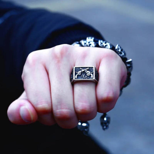316L Stainless Steel Skull Crossed Guns Ring Punk Biker Jewelry