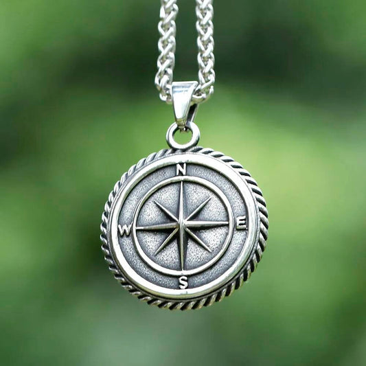 Men's 316L Stainless Steel Compass Wheel Necklace Vintage Nautical Gift