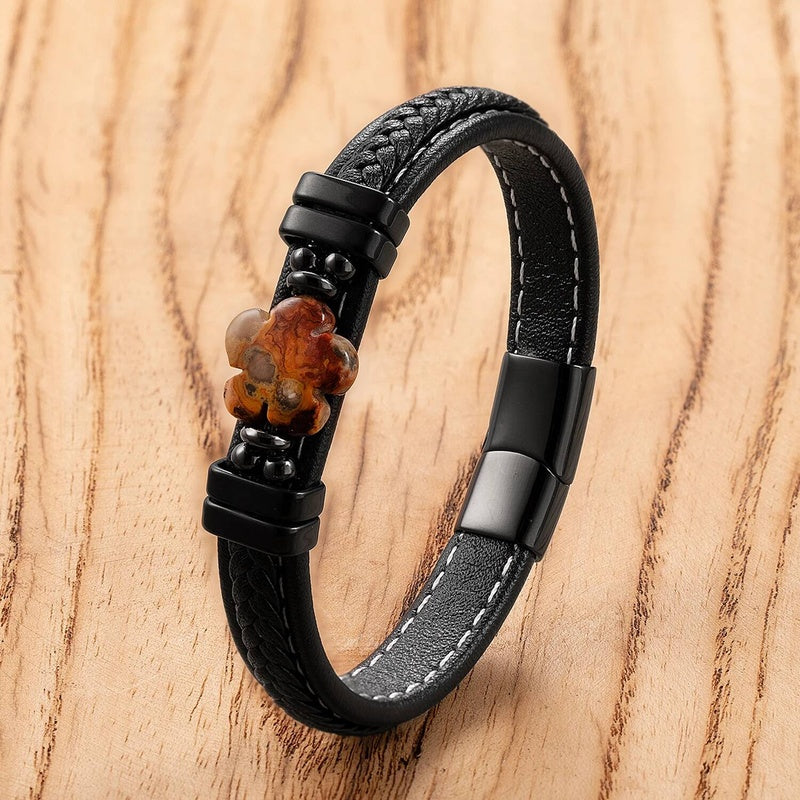 Black Braided Leather Bracelet with Green Jade Beads - Stylish Multi-Layer Magnetic Clasp Jewelry for Casual Wear and Gifts Black-C