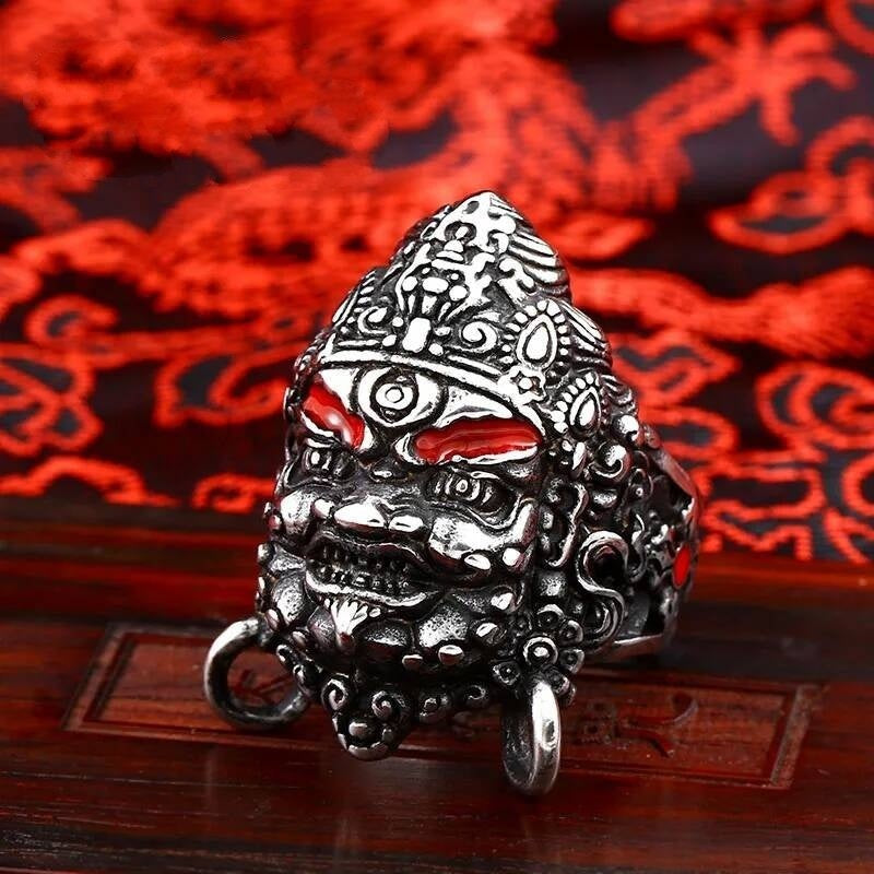 Tibetan Guardian Deity Ring – Stainless Steel Warrior Mask Jewelry