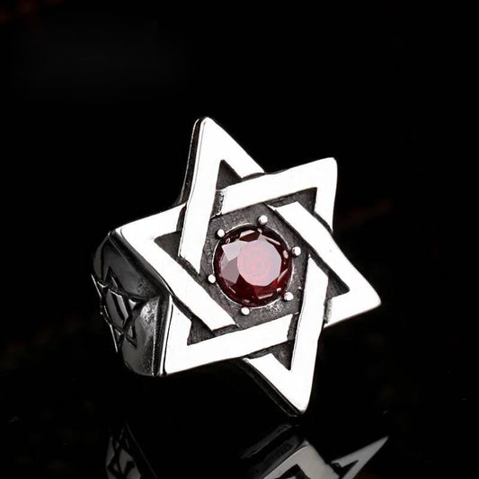Hexagram Star Ring with Red Gem – Stainless Steel Occult Gothic Jewelry