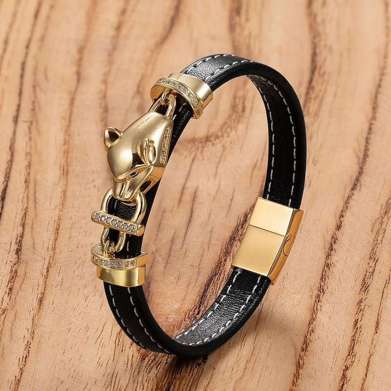 Men's Black Leather Bow with Amber Stone Bracelet for Unique Style Gold