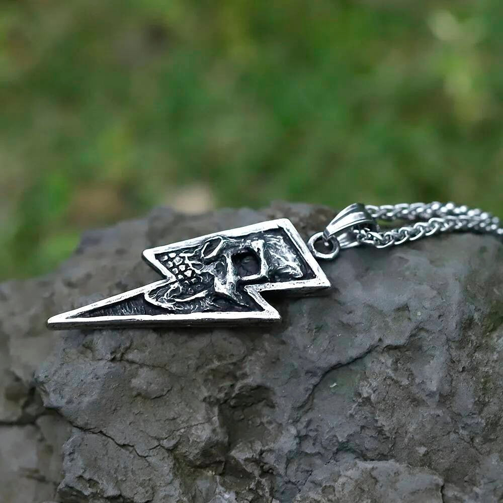 316L Stainless Steel Skull Lightning Pendant Necklace Punk Gothic Jewelry