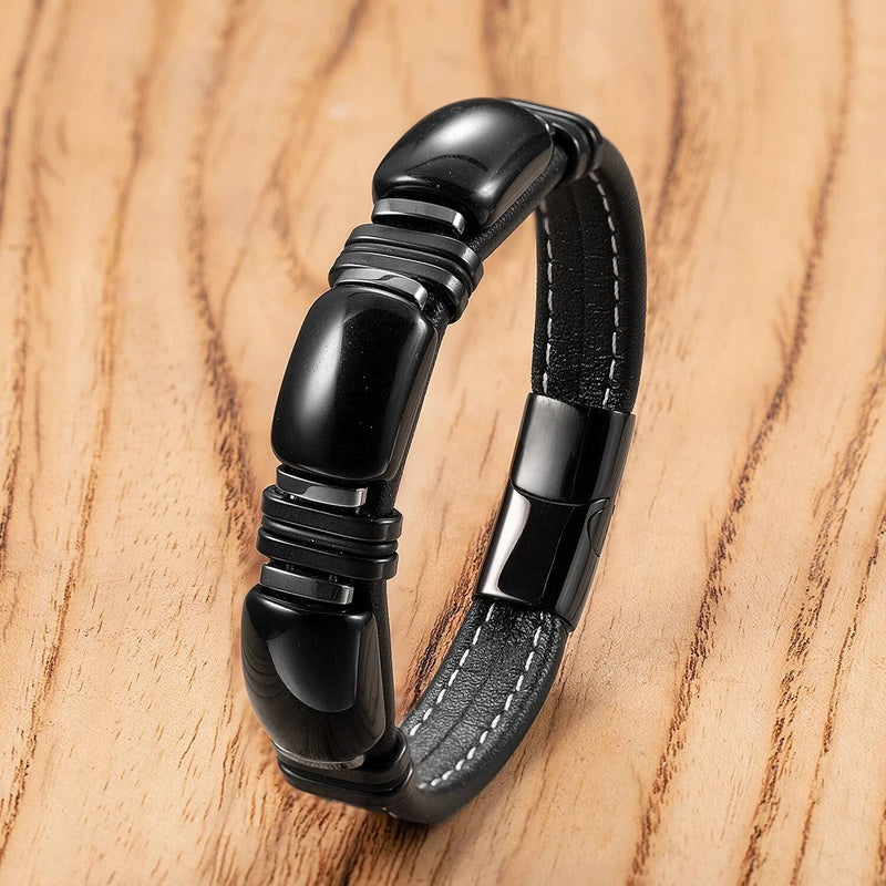 Black Braided Leather Bracelet with Green Jade Beads - Stylish Multi-Layer Magnetic Clasp Jewelry for Casual Wear and Gifts Style-D