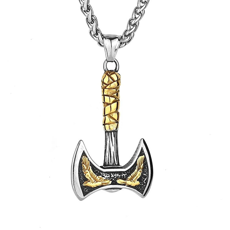 Viking Double-Headed Axe Pendant – Golden Raven Design Stainless Steel Necklace