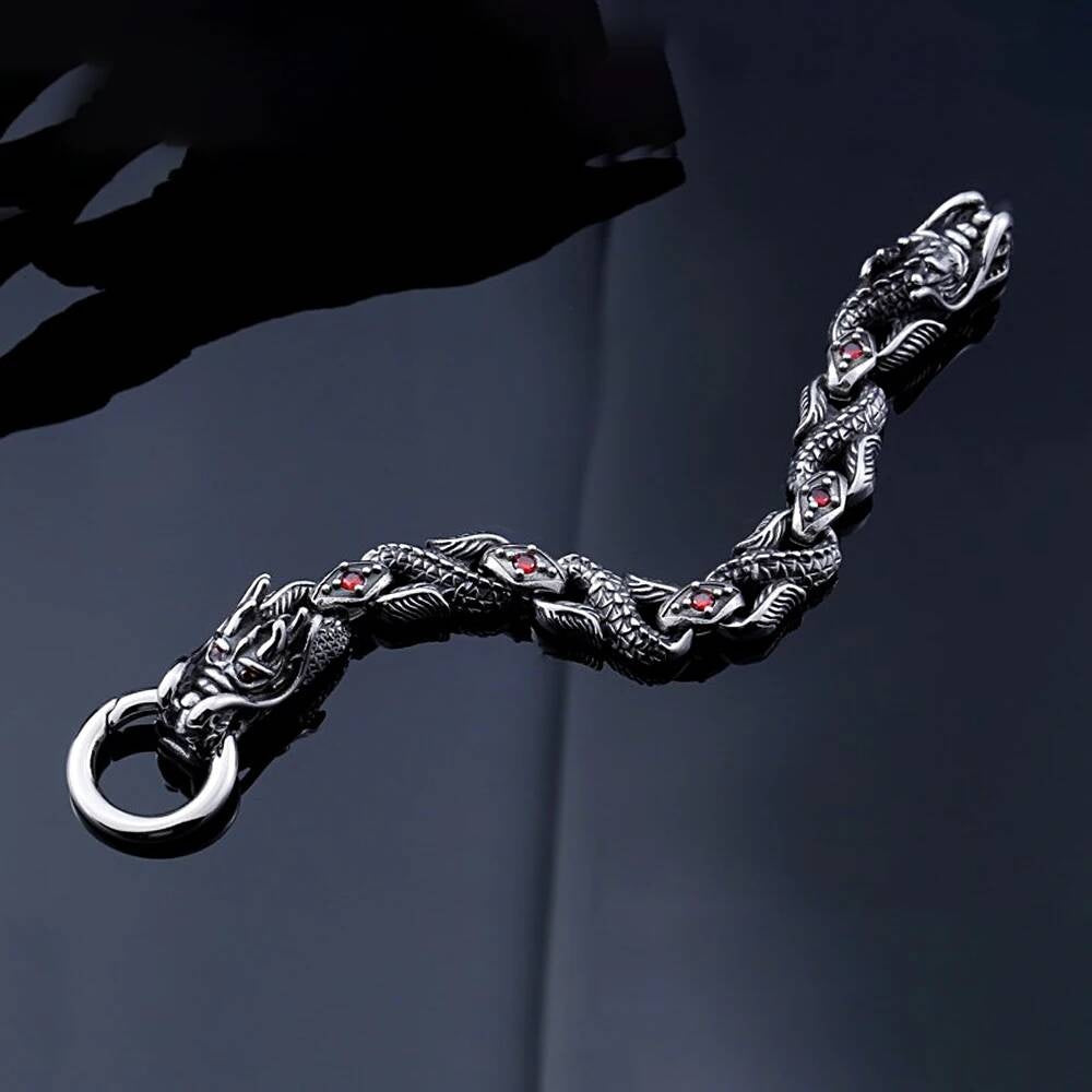 Viking Dragon Head Chain Bracelet with Red Gem Eyes – Stainless Steel