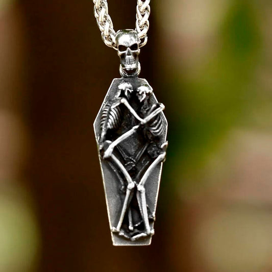 Skeleton Lovers Coffin Necklace - Gothic Skeleton Pendant with Couple Design in Stainless Steel