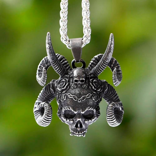 Demon Ram Skull Pendant – Gothic Horned Skull Necklace