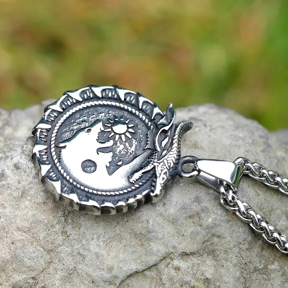 Dragon Sun and Moon Pendant – Silver Norse Dragon Necklac