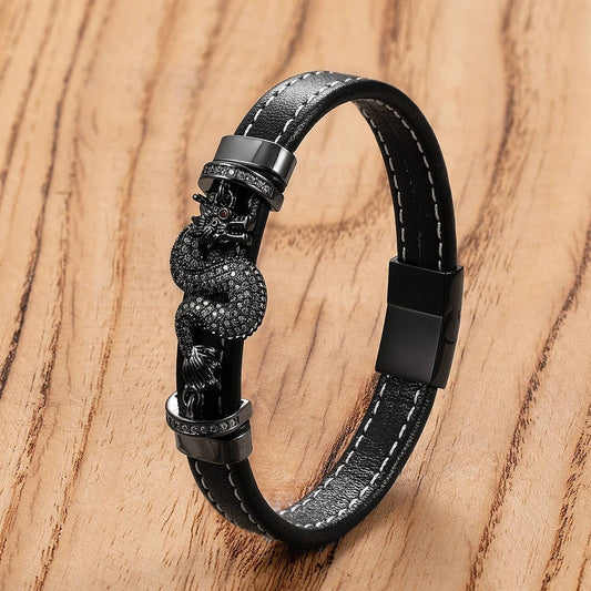 Stainless Steel Chinese dragon Shape Leather Bracelets Men Jewelry National Style Charm Homme Male Jewels Gift Black