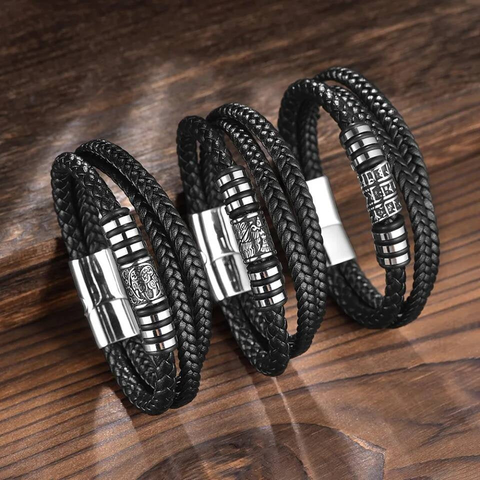 Mens Braided Leather Bracelet – Multi-Layer Stainless Steel Norse Viking Bangle
