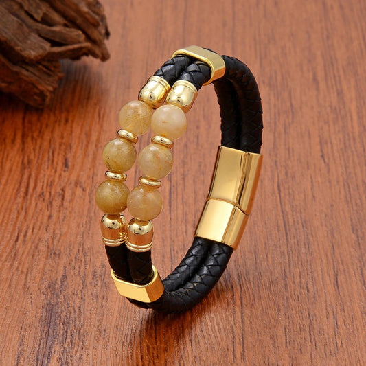 Black Braided Leather Bracelet with Green Jade Beads - Stylish Multi-Layer Magnetic Clasp Jewelry for Casual Wear and Gifts Gold-Hair Crystal