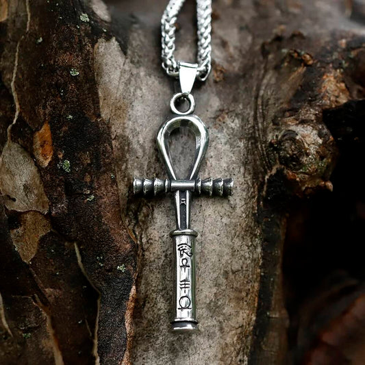 Ankh Cross Pendant Necklace, Silver Egyptian Jewelry with Hieroglyphic Detail