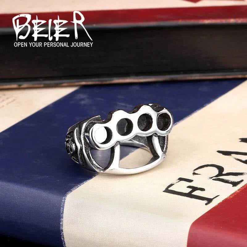 Brass Knuckle Skull Ring – Stainless Steel Biker Punk Streetwear Jewelry