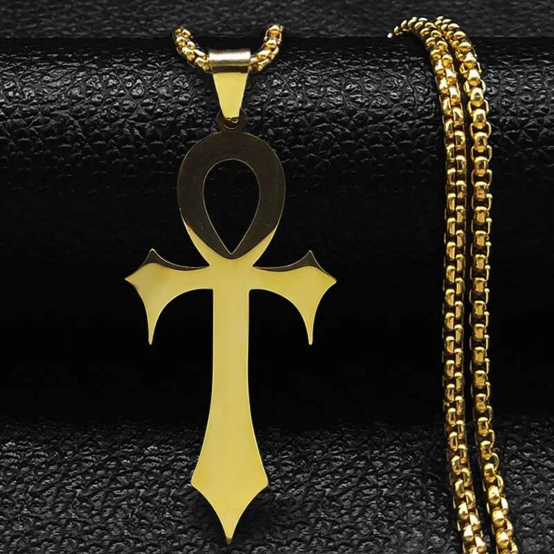 Goth Necklace Stainless Steel Ancient Egypt Anka Cross Pendant With Chain For Men Women Gothic Accessories
