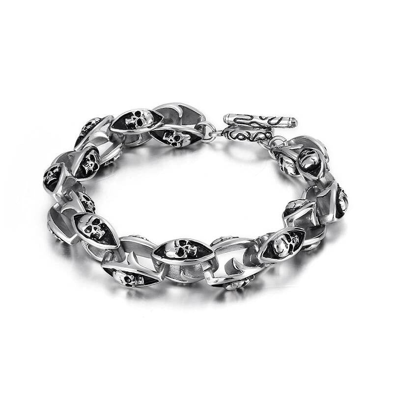 Stainless Steel 316L Men's Skull Bracelet Punk Handmade Jewelry Steel Color 23cm