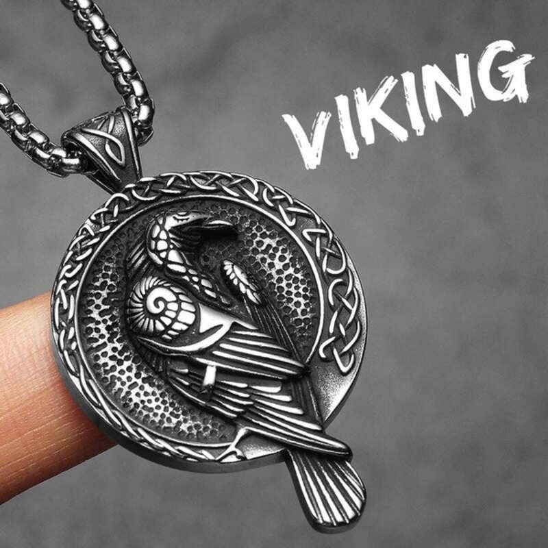 316L Stainless Steel Viking Raven Rune Pendant Necklace – Norse Amulet for Men N1515-60cm chain