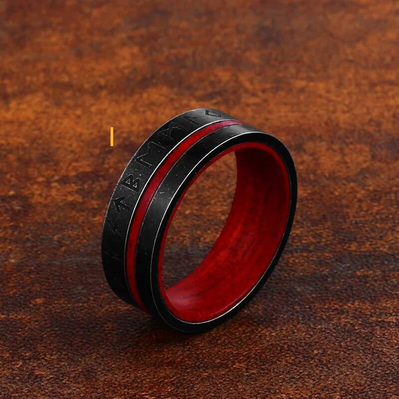 316L Stainless Steel Norse Rune Ring Red Vintage Viking Band