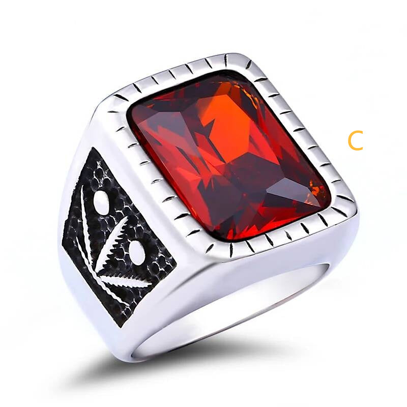 Black & Red Stone Vintage Rock Ring - Stainless Steel Gothic Statement Jewelry