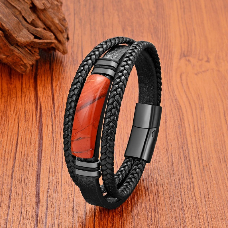 Black Braided Leather Bracelet with Green Jade Beads - Stylish Multi-Layer Magnetic Clasp Jewelry for Casual Wear and Gifts Style G
