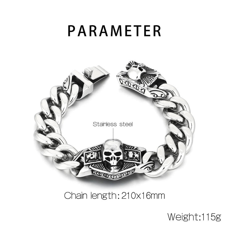 16mm Cuban Chain With Skull Charm Bracelet For Men 316L Stainless Steel Punk Jewelry