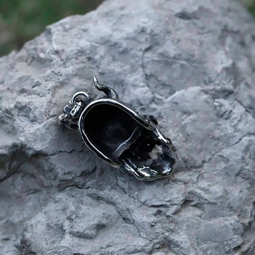 Demon Skull Pendant – Silver Gothic Skull with Horns Necklace